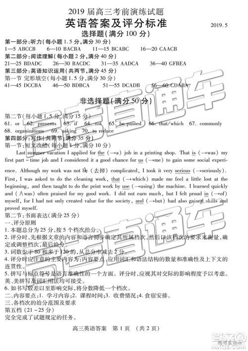 2019年枣庄四模英语试题及答案