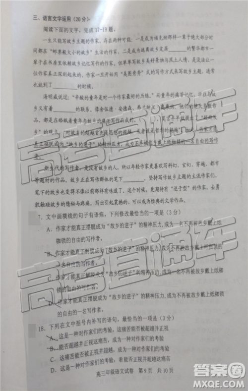 2019年武汉五月第二次调研考试语文试题及答案