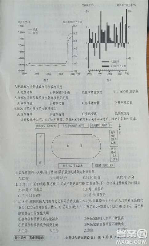 2019年衡中同卷高考押题卷三文综试题及答案