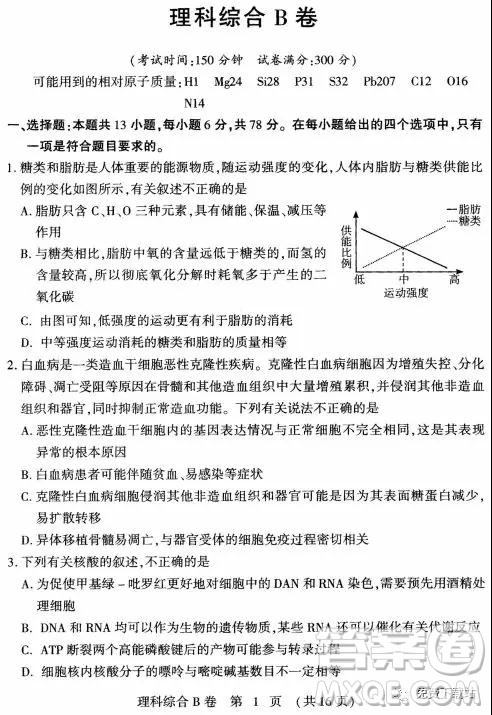 2019年豫科名校大联考B卷高三理科综合答案