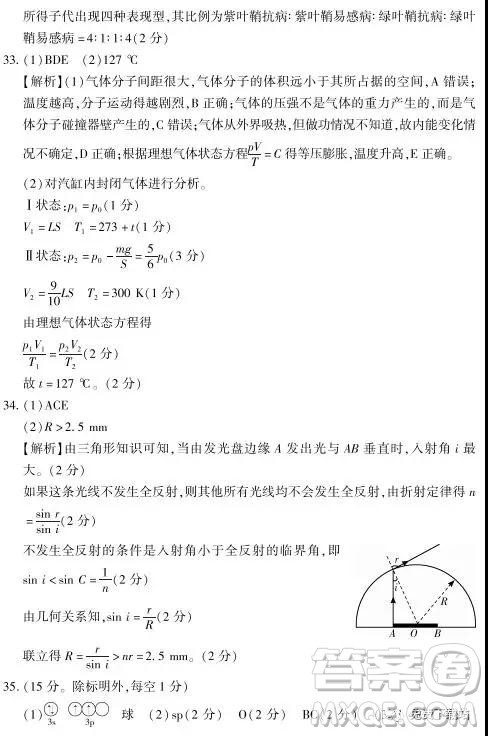 2019年豫科名校大联考B卷高三理科综合答案