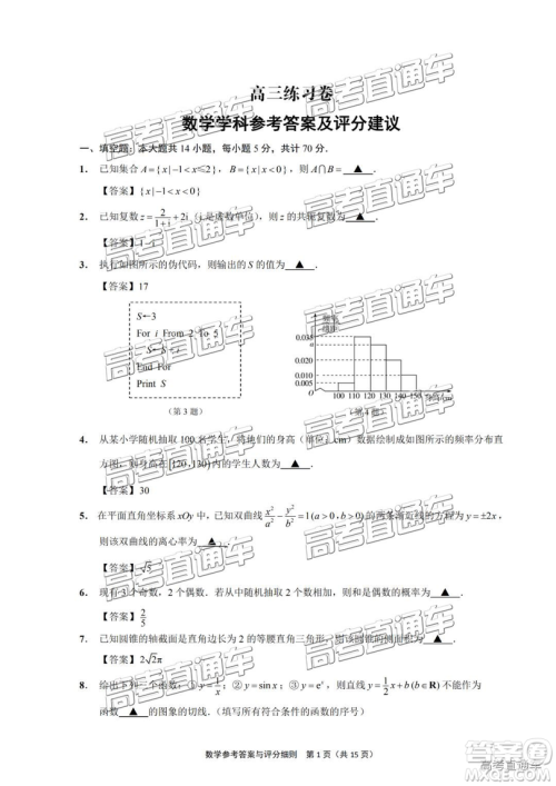 2019年南通四模数学试题及答案 2019年南通四模数学试题及答案