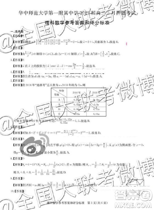 华师一附中2019届高三5月押题考试理数答案