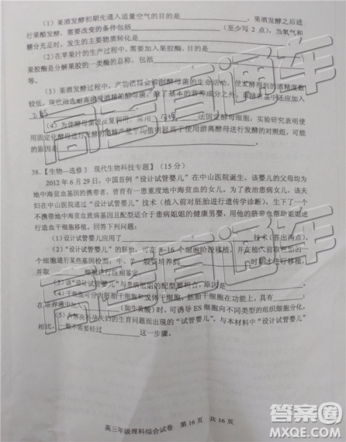 2019年武汉五月第二次调研考试理综试题及答案