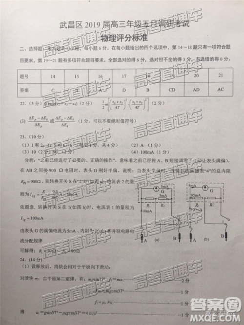 2019年武汉五月第二次调研考试理综试题及答案