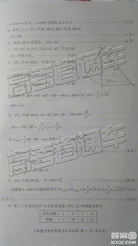 2019年临沂三模文理数试题及参考答案