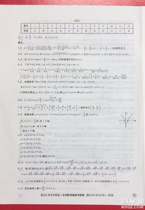 2019年普通高等学校招生全国统一考试冲刺预测卷六文理数试题及答案