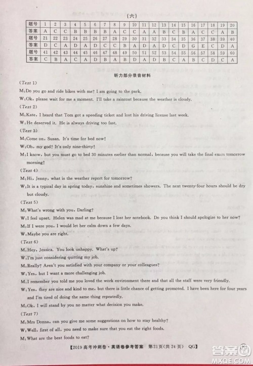 2019年普通高等学校招生全国统一考试冲刺预测卷六英语试题及答案 2019年普通高等学校招生全国统一考试冲刺预测卷六英语试题及答案