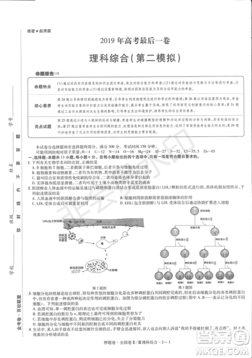 2019年高考最后一卷第一-七模拟理综试题及答案