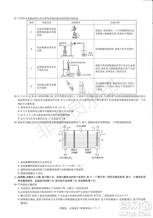 2019年高考最后一卷第一-七模拟理综试题及答案 2019年高考最后一卷第一-七模拟理综试题及答案