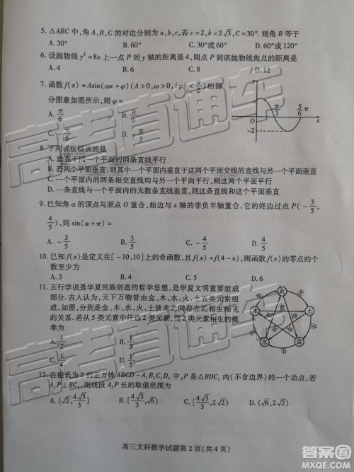 2019年潍坊菏泽三模文数试题及参考答案