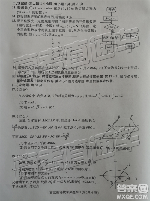 2019年潍坊菏泽三模理数试题及参考答案