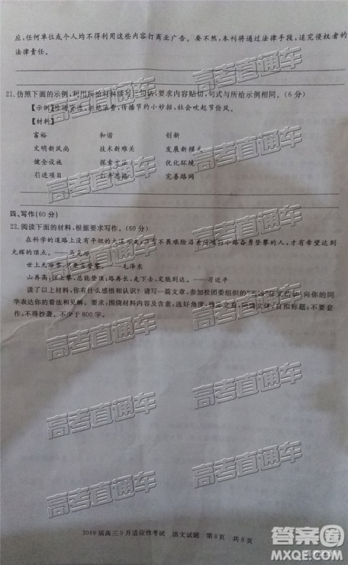 2019年枣庄高三5月适应性考试语文试题及参考答案 2019年枣庄高三5月适应性考试语文试题及参考答案