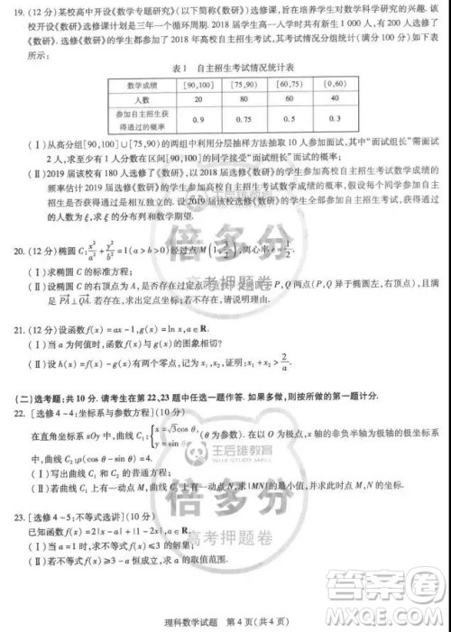 2019年王后雄倍多分押题卷理科数学试题及参考答案