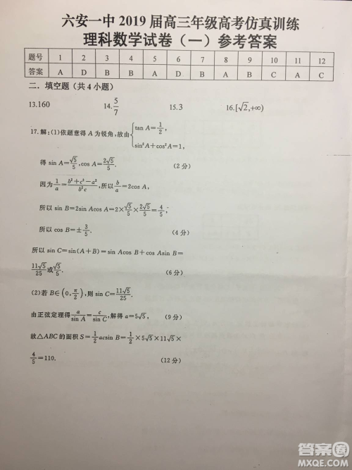 2019年安徽省六安一中高考仿真训练一文理数试题及答案