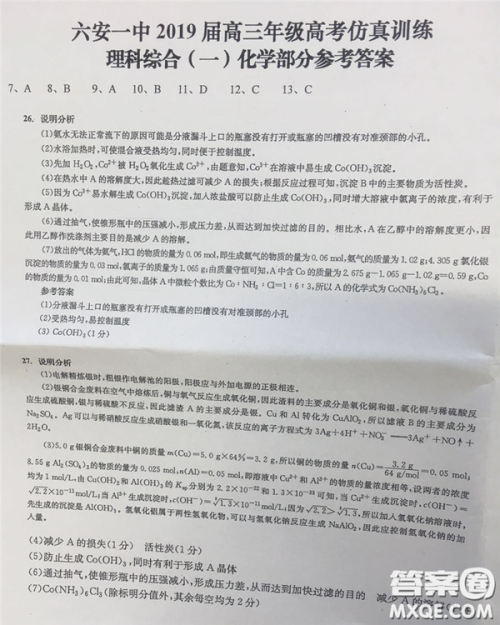 2019年安徽省六安一中高考仿真训练一文理综试题及答案