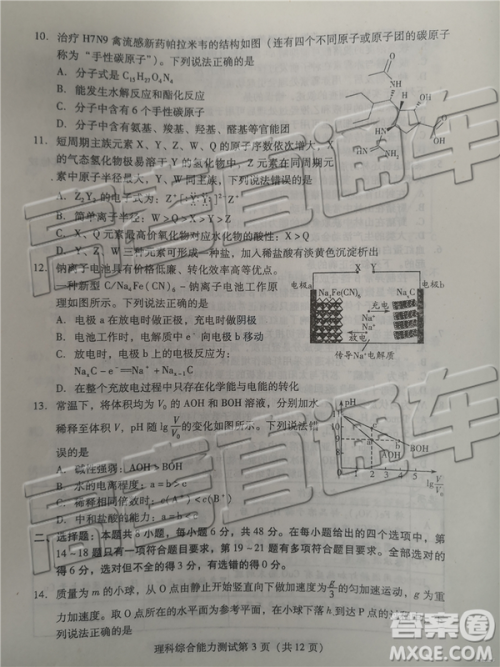 2019年潍坊菏泽三模理综试题及参考答案