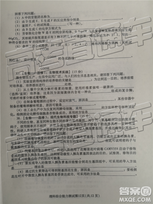 2019年潍坊菏泽三模理综试题及参考答案 2019年潍坊菏泽三模理综试题及参考答案