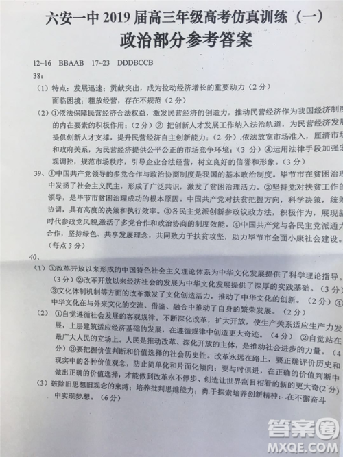 2019年安徽省六安一中高考仿真训练一文理综试题及答案