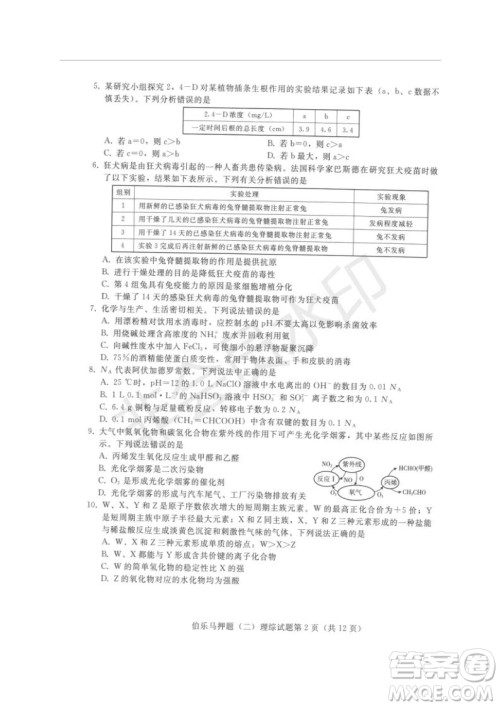 2019年伯乐马普通高等学校招生全国统一押题考试二理综试题及答案