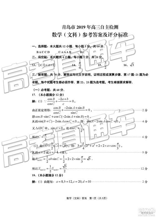 2019青岛市高三三模文数试题及参考答案