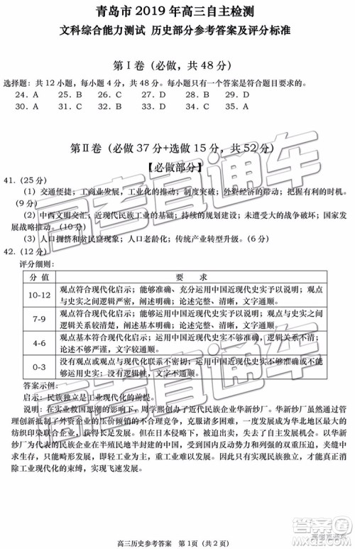 2019青岛市高三三模文综试题及参考答案 2019青岛市高三三模文综试题及参考答案