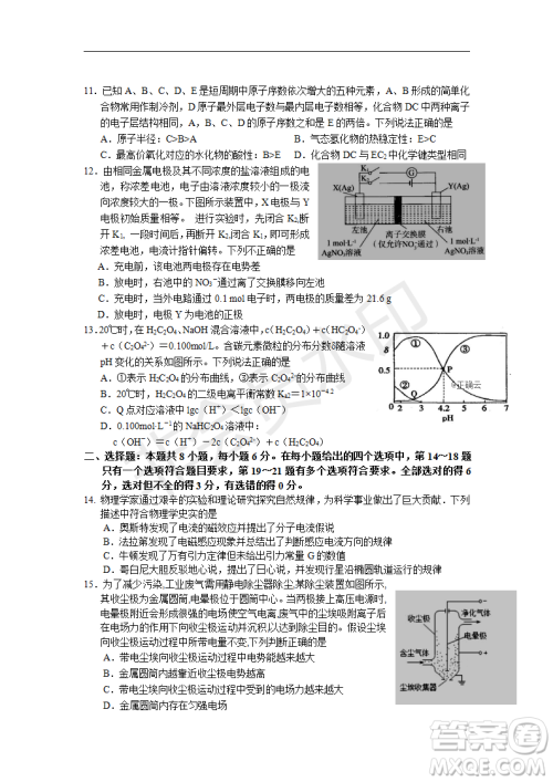 2019年湖北省高三招生全国统一考试模拟试题卷一理综答案