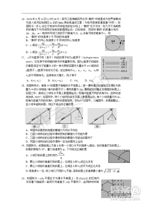 2019年湖北省高三招生全国统一考试模拟试题卷一理综答案