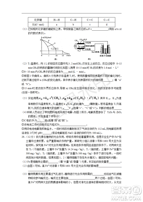 2019年湖北省高三招生全国统一考试模拟试题卷一理综答案