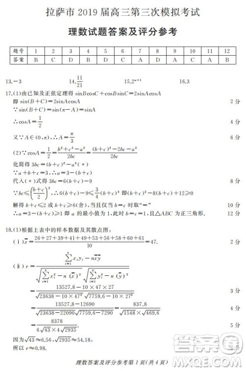 西藏拉萨市2019届高三第三次模拟考试理数试题及参考答案