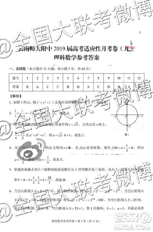 2019年云南师大附中第九次月考文理数答案