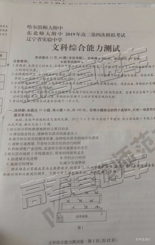 2019年东三省三校四模文综试题及参考答案 2019年东三省三校四模文综试题及参考答案