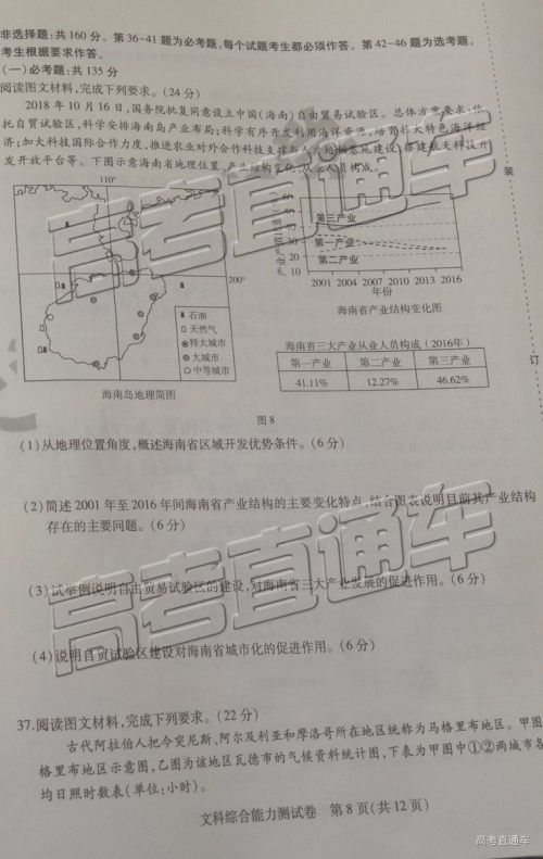 2019年东三省三校四模文综试题及参考答案