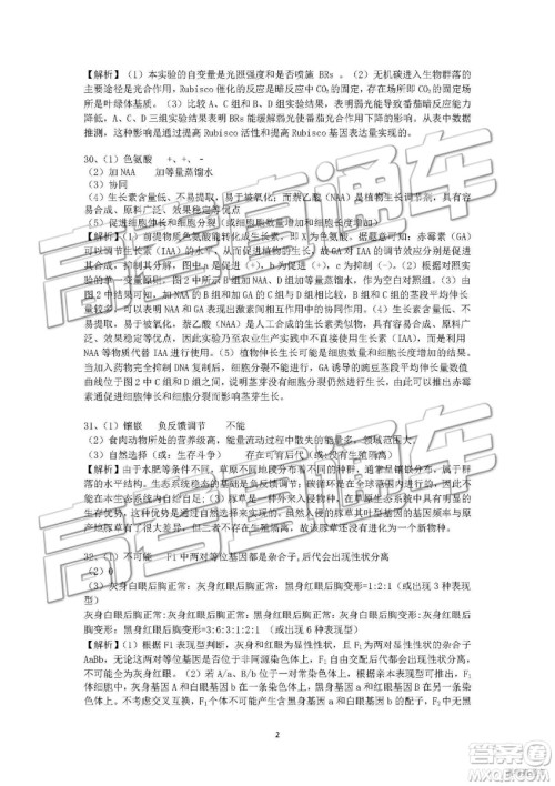 2019年成都石室中学高考适应性考试二理综参考答案