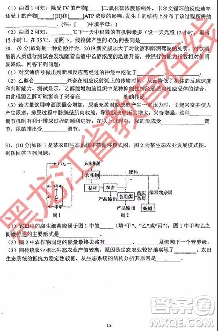 2019年哈三中四模理综试题及参考答案