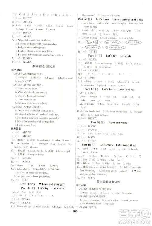 希望出版社2019年课堂点睛六年级英语下册人教版参考答案