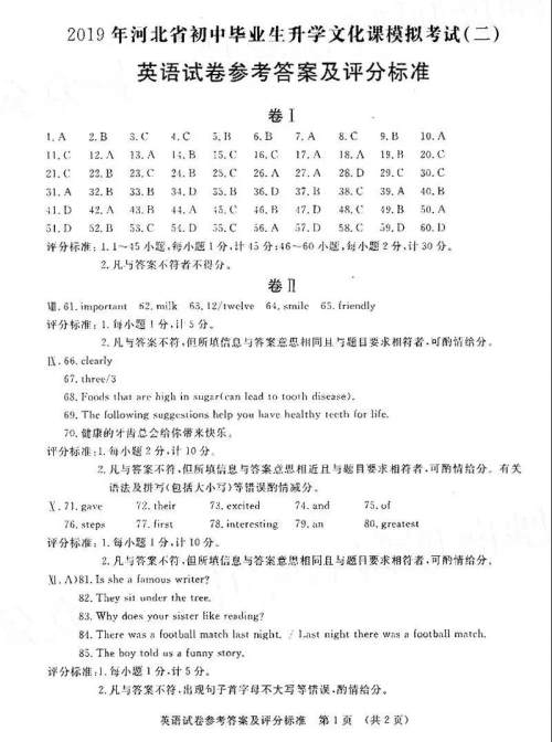 2019年河北省初中毕业班升学文化课模拟考试二英语试题及答案 2019年河北省初中毕业班升学文化课模拟考试二英语试题及答案