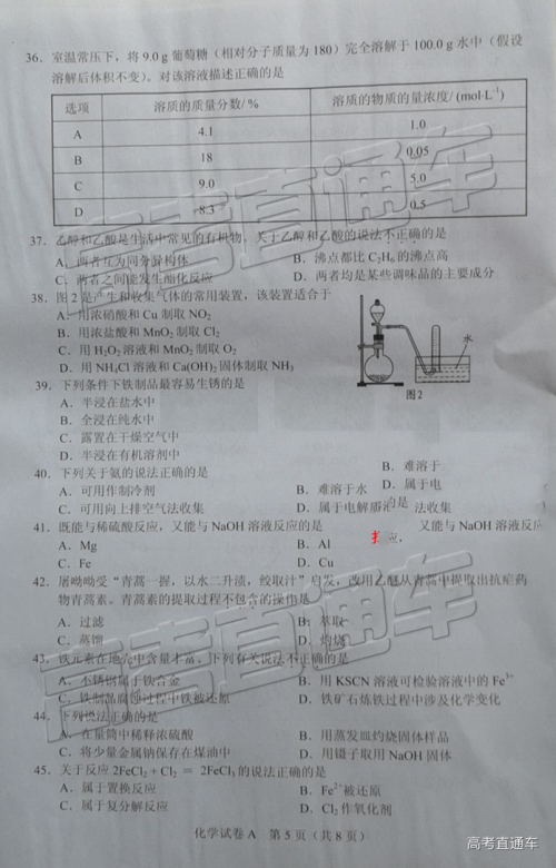 2019年6月广东高中学业水平化学试题及参考答案