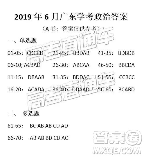 2019年6月广东学业水平考试文综参考答案