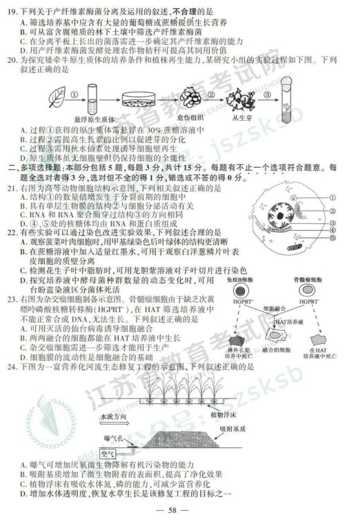 2019年高考江苏卷生物试题及答案 2019年高考江苏卷生物试题及答案