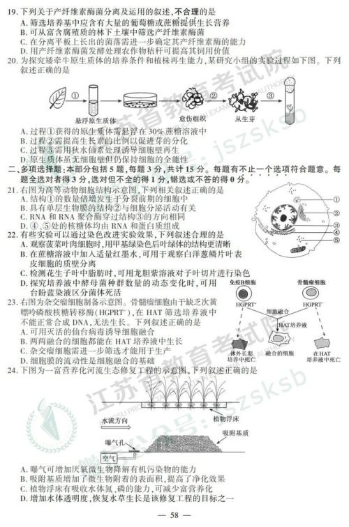 2019年高考江苏卷生物试题及答案