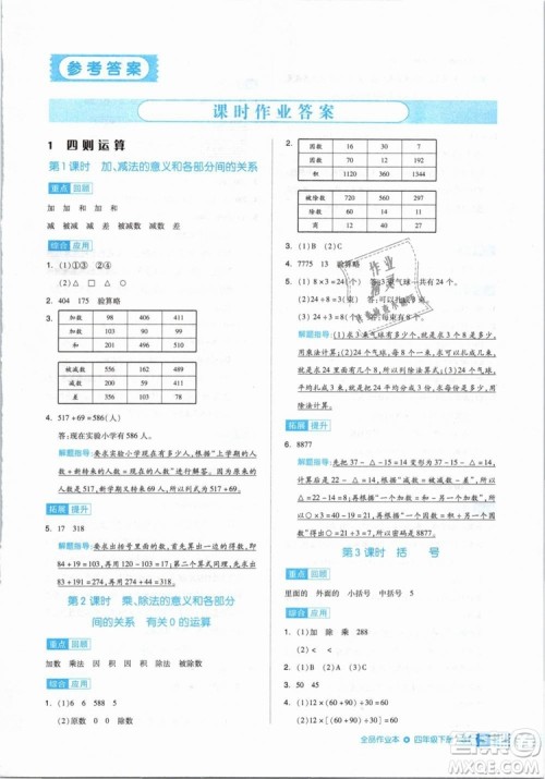 全品作业本2019年四年级数学下册人教版参考答案