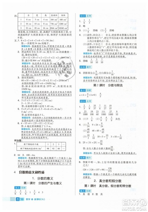 2019年全品作业本五年级数学下册人教版参考答案 2019年全品作业本五年级数学下册人教版参考答案