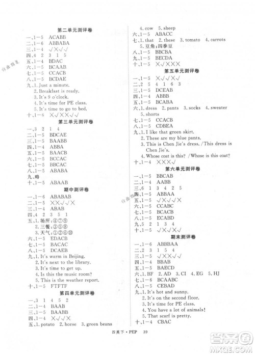 优翼丛书2019学练优小学英语四年级下PEP人教版参考答案