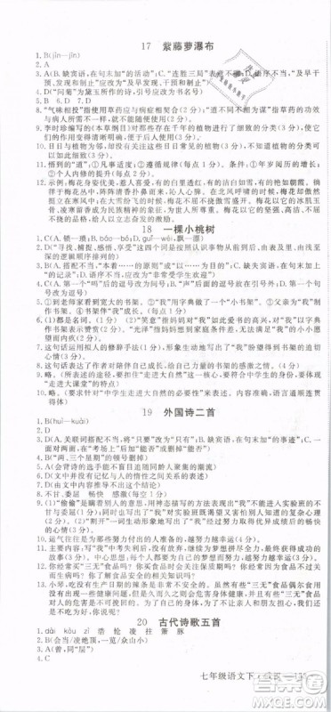 优翼丛书2019年学练优初中语文七年级下武汉专版RJ人教版参考答案