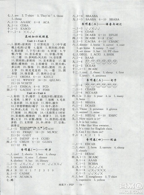 2019年优翼优干线单元加期末卷四年级英语下册人教PEP版参考答案