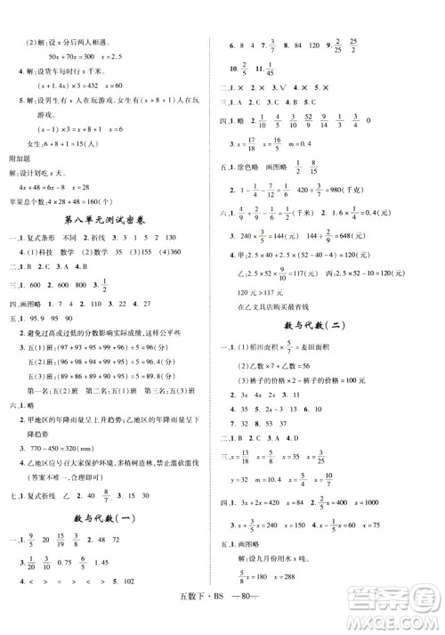 2019年优翼优干线单元加期末卷五年级数学下册北师大版参考答案