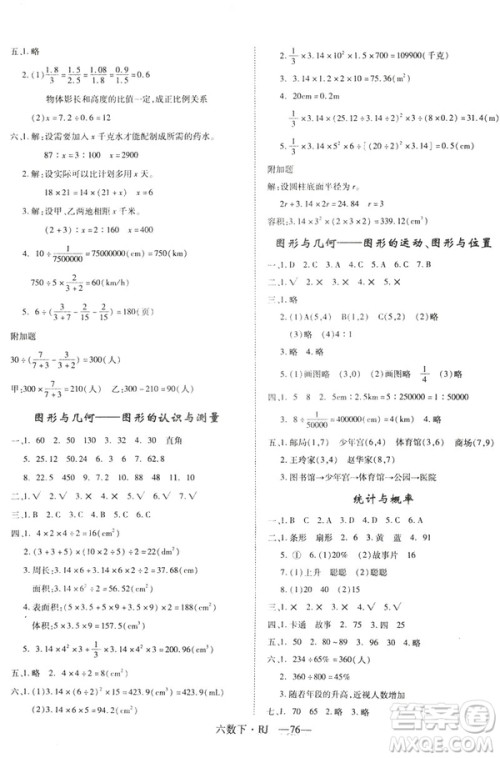 2019年优翼优干线单元加期末卷人教版小学数学六年级下册参考答案 2019年优翼优干线单元加期末卷人教版小学数学六年级下册参考答案