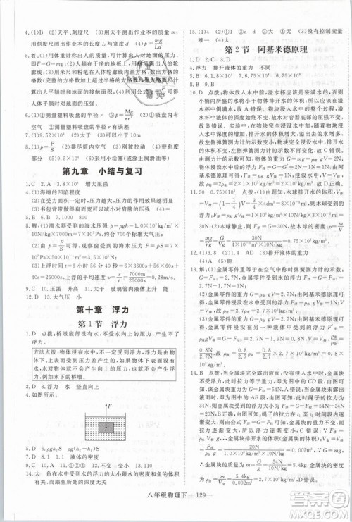 2019年优翼学练优学科思维训练法八年级物理下册RJ人教版参考答案