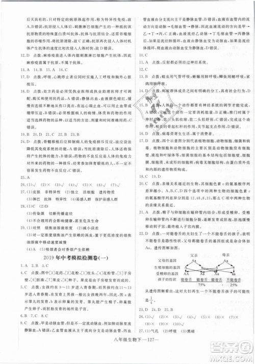 2019年优翼学练优学科思维训练法八年级生物下册RJ人教版参考答案